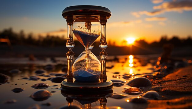 Foto arafed sanduhr mit sand und wasser auf einem strand bei sonnenuntergang generative ai