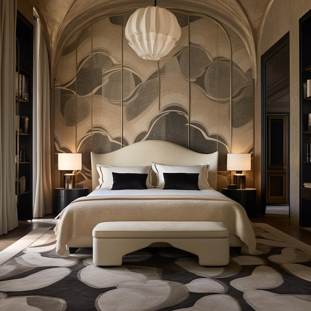 Arafed Schlafzimmer mit einem großen Bett und einer großen Wand Wandmalerei generative ai