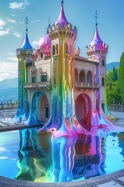 Foto arafed schloss mit einem regenbogen strom von farbe auf dem boden generative ai