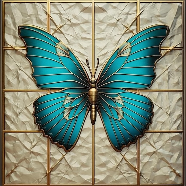 Arafed-Schmetterling auf einem Buntglasfenster in einem Goldrahmen, generative KI