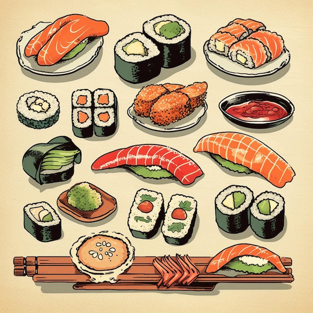 Foto arafed-set aus sushi und brötchen mit verschiedenen belägen generative ai
