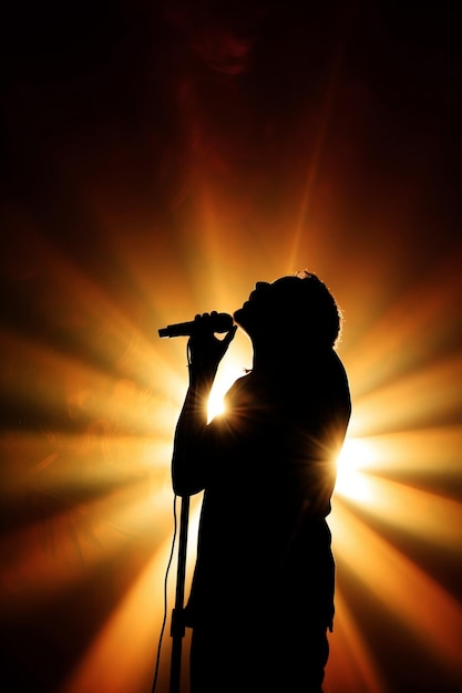 Arafed silhueta de um homem cantando em um microfone na frente de uma luz brilhante generativa ai