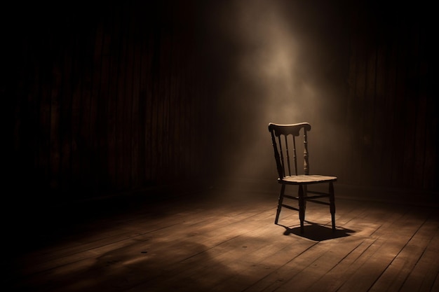 Arafed silla en una habitación oscura con una luz que viene de detrás de él generativo ai