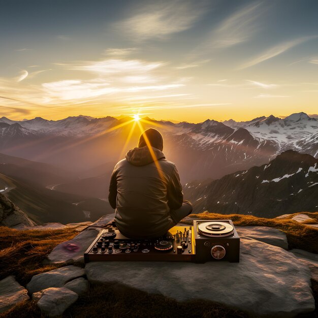 Arafed sitzt auf einem Felsen mit einem Plattenspieler vor einem Berg Generative KI