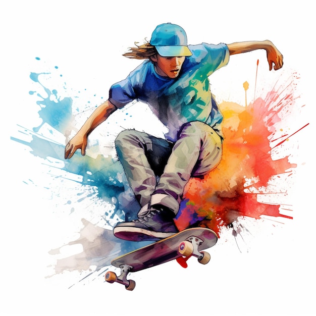 Arafed Skateboarder in blauem Hemd und Mütze macht einen Trick generative ai