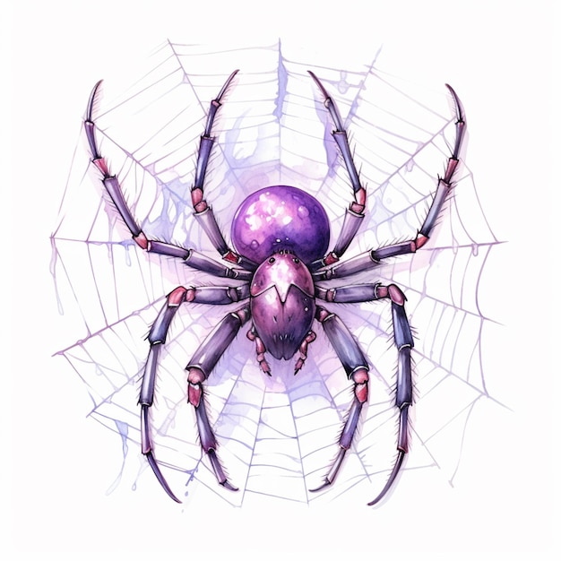 Arafed Spinne mit lila Kugel auf dem Rücken sitzt in einem Web generative ai