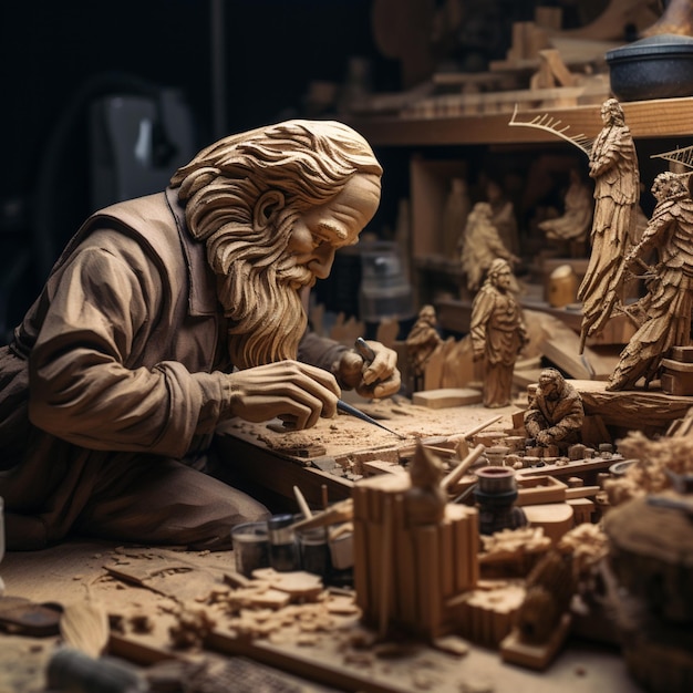 Arafed-Statue eines Mannes, der an einem Stück Holz arbeitet, generative KI
