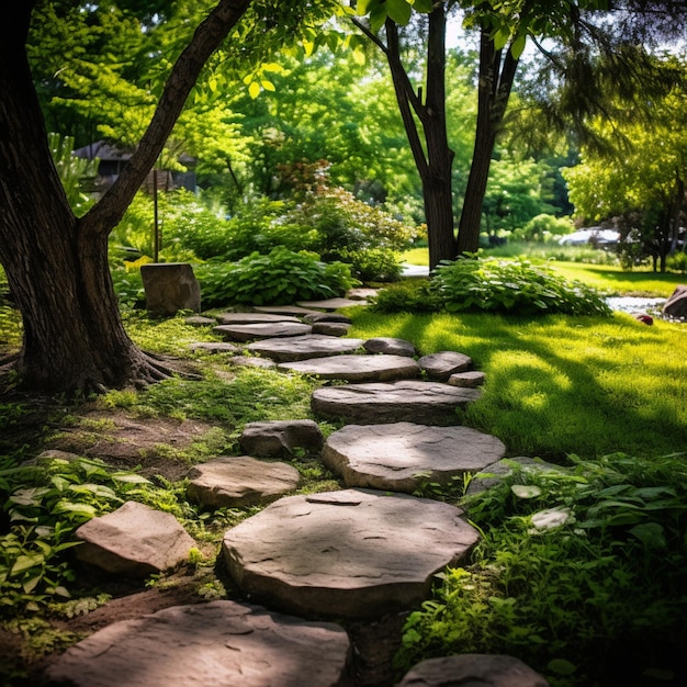 Arafed Steinweg in einem Park mit Bäumen und Gras generative ai