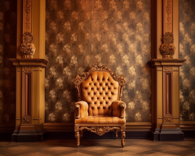 Arafed Stuhl in einem Raum mit einer tapezierten Wand und Säulen generative ai