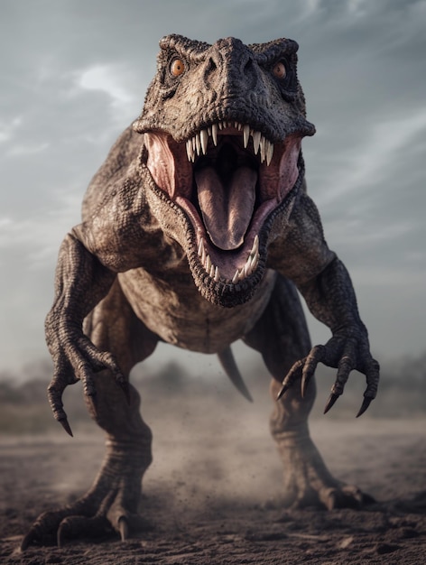 Arafed t rex mit offenem Mund und scharfen Zähnen läuft in der Wüste generative ai