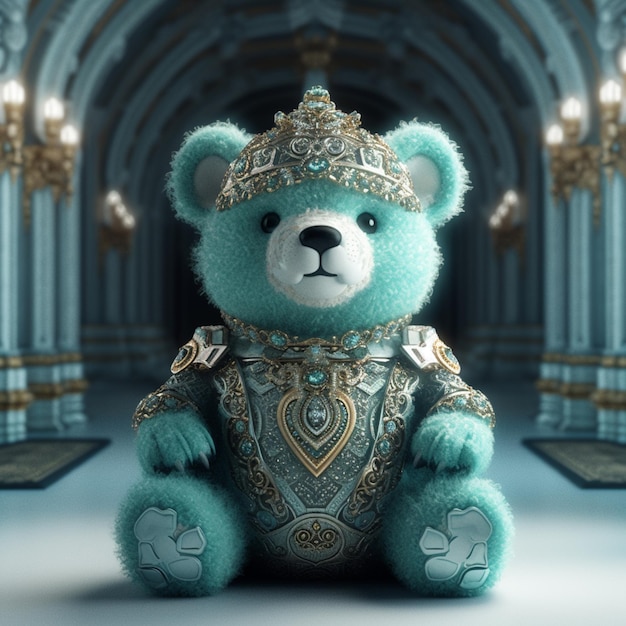 Arafed Teddybär in einem blauen Kostüm sitzt in einem Raum generative ai