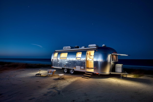 Arafed-Trailer, der nachts mit einem Tisch und Stühlen am Strand geparkt ist