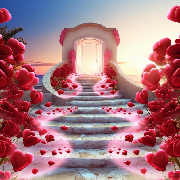 Arafed-Treppe, die zu einer Tür mit roten Herzen darauf führt generative KI