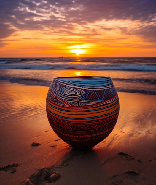 Arafed-Vase sitzt am Strand bei Sonnenuntergang mit generativem Sonnenuntergang bei Sonnenuntergang