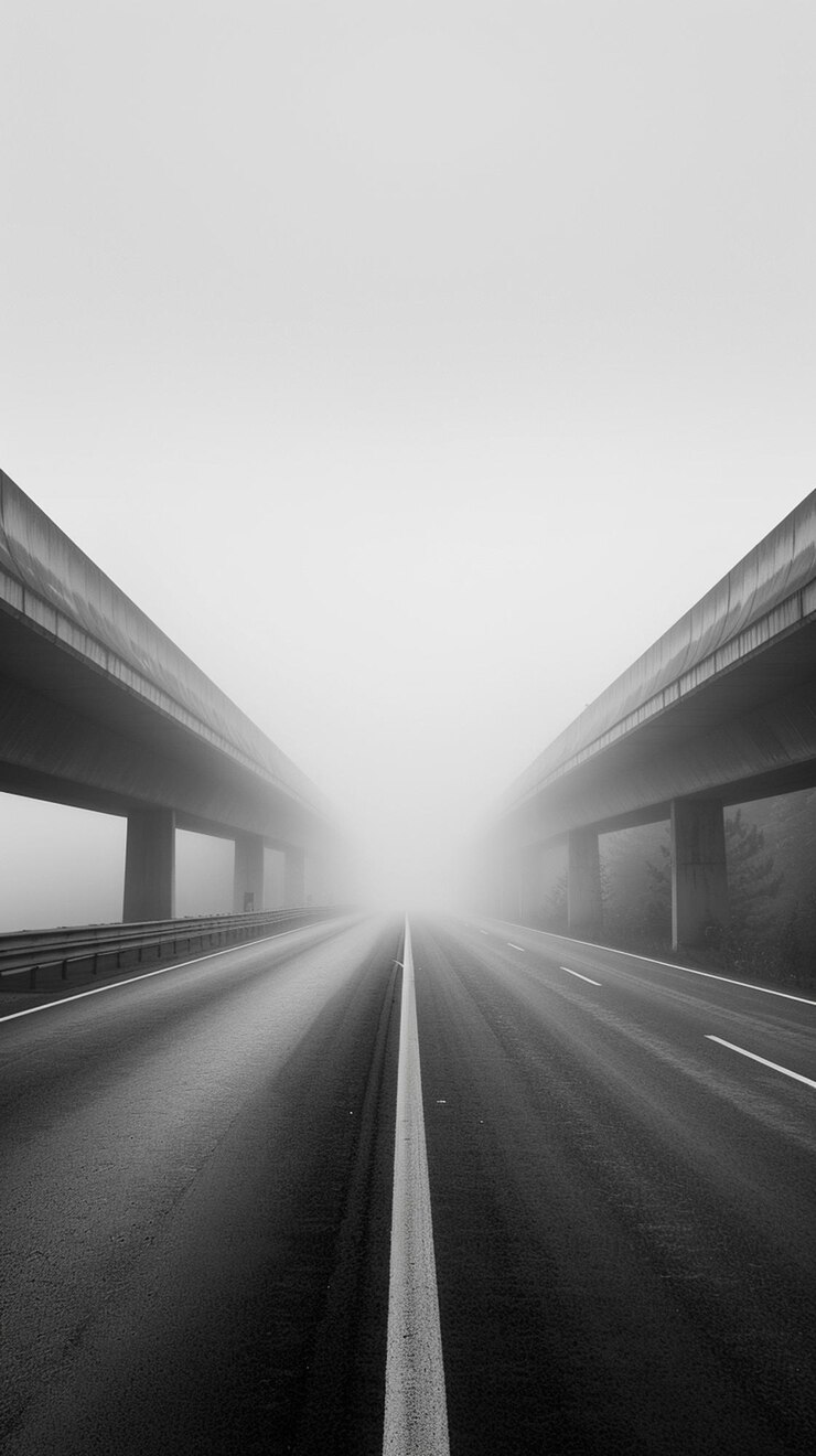 arafed vista de una carretera con dos puentes en la niebla generativa ai