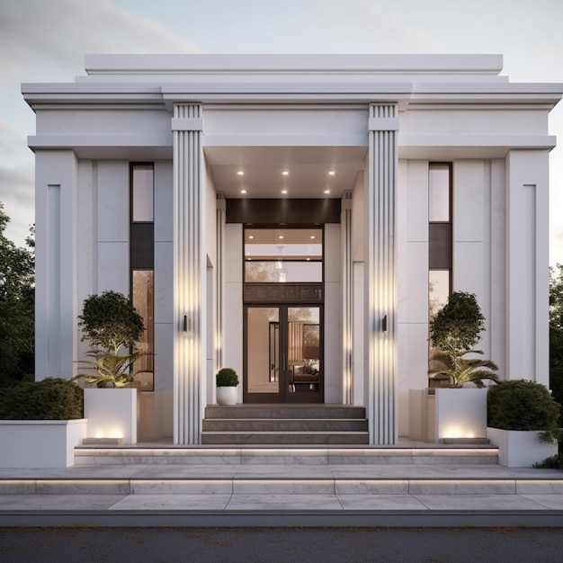 Foto arafed vista de una casa moderna con una gran puerta de entrada generativa ai