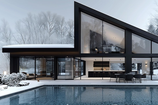 arafed vista de una casa moderna con una piscina en la nieve generativa ai