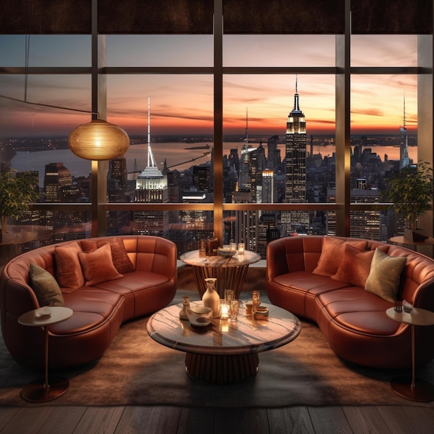Arafed vista de una ciudad desde una sala de estar con un sofá y una mesa de café generativa ai