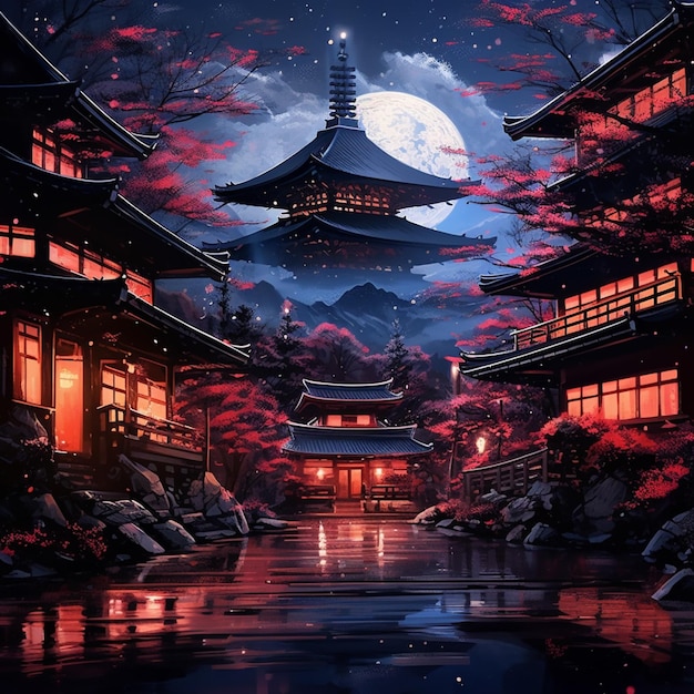 Arafed vista de um templo japonês à noite com uma lua cheia generativa ai