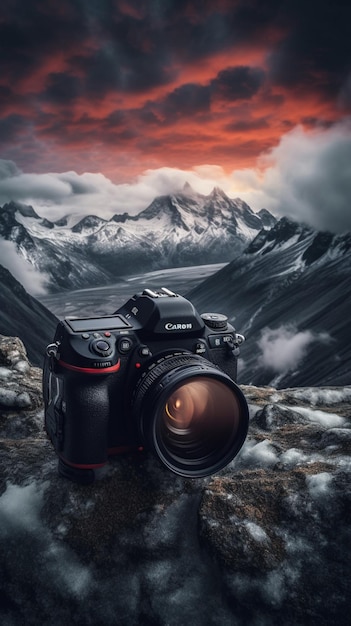 Arafed vista de uma câmera em uma montanha rochosa com um céu nublado generativo ai
