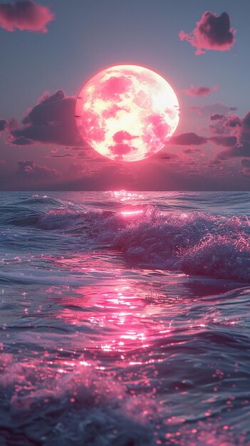 Arafed vista de uma lua rosa surgindo sobre o oceano generativo ai