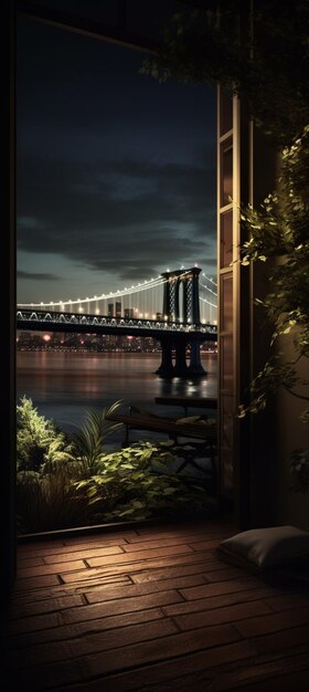 Foto arafed vista de uma ponte de uma janela à noite generative ai