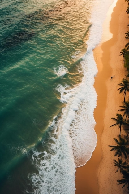 Arafed vista de uma praia com algumas palmeiras e uma pessoa caminhando na praia generativo ai