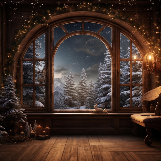 arafed vista de una noche nevada a través de una ventana con un banco generativo ai
