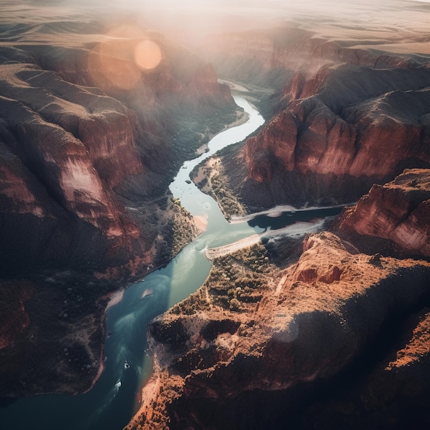 Arafed vista de un río que atraviesa un cañón con una puesta de sol generativa ai