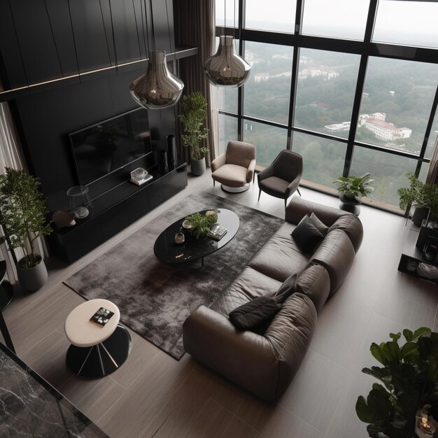 Arafed vista de una sala de estar con un sofá generativo ai