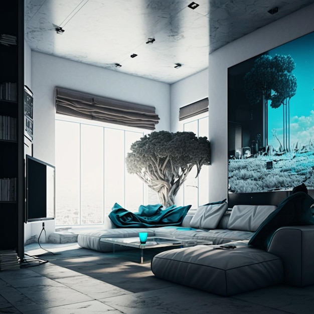 Arafed vista de una sala de estar con un sofá y una gran pintura generativa ai