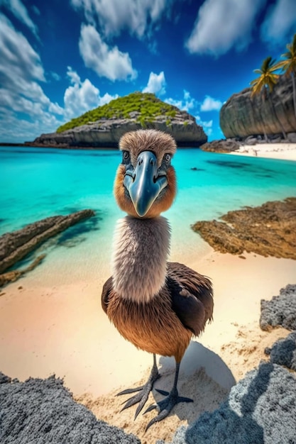 Arafed Vogel steht auf einem Felsen an einem Strand mit einem blauen Ozean generative ai