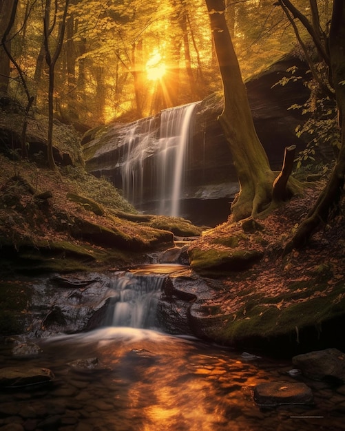 Arafed-Wasserfall in einem Wald mit einer Sonne, die durch die generativen Bäume der Bäume scheint