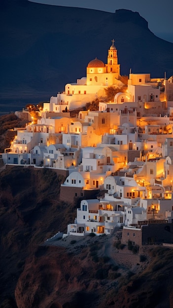 Arafed weiße Häuser auf einem Hügel mit einer Kirche an der Spitze generative KI