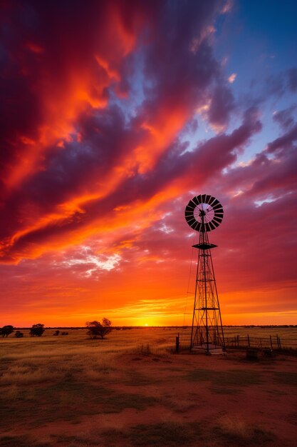 Arafed Windmühle in einem Feld mit einem Sonnenuntergang im Hintergrund generative KI