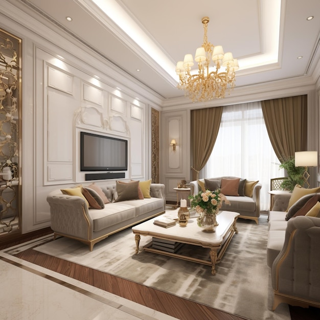 Arafed Wohnzimmer mit einem Kronleuchter generativen AI