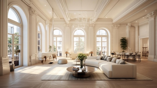 Arafed Wohnzimmer mit einer großen weißen Couch und einem Coffee-Tisch generative ai