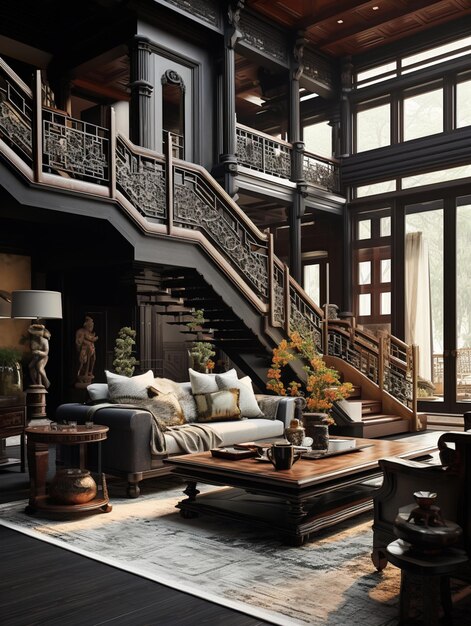 Foto arafed wohnzimmer mit einer treppe und eine couch und stühle generative ai
