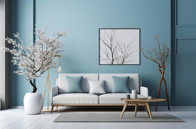 Arafed Wohnzimmer mit einer weißen Couch und einer blauen Wand generative ai