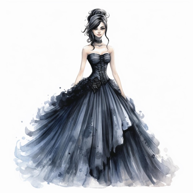 Arafed-Zeichnung einer Frau in einem schwarzen Kleid mit einer schwarzen Schleife generative ai