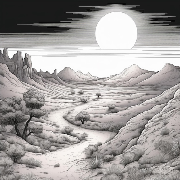 arafed Zeichnung einer Wüstenszene mit einem Fluss und Bergen generative ai