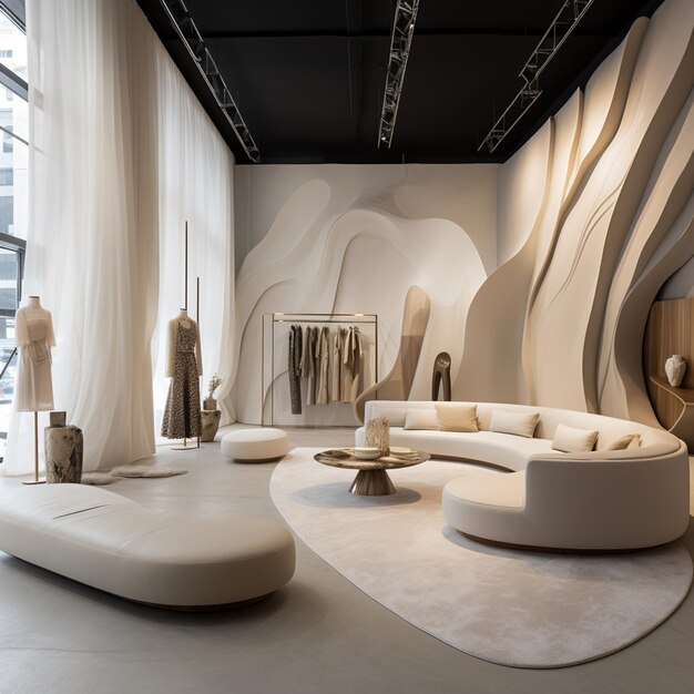 Arafed-Zimmer mit einer gekrümmten Couch und einem gekrummten Tisch generativ ai