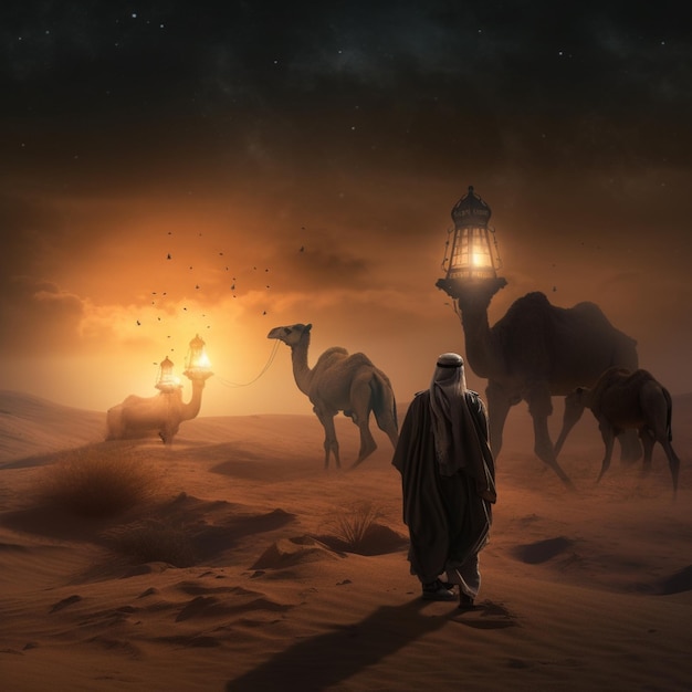 arafes caminando en el desierto con una linterna y una linterna generativa de luz ai