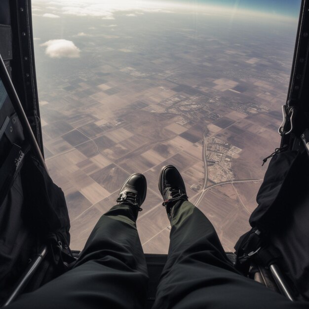 Foto arafes pies en el aire mirando por una ventana de avión generativo ai