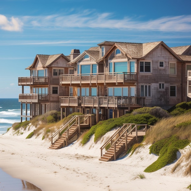 Foto arafes en la playa con una casa y escaleras a la playa generativo ai