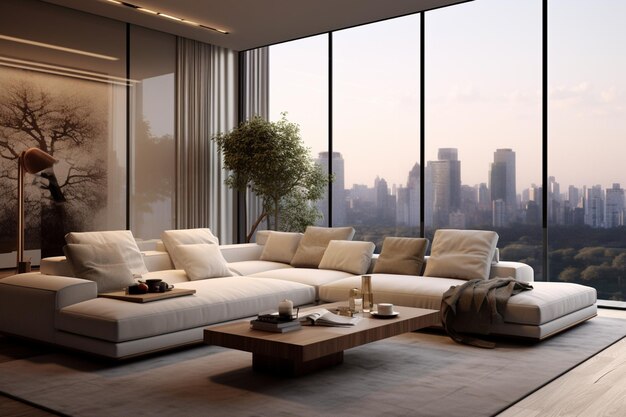 Araff-Couch in einem Wohnzimmer mit Blick auf eine Stadt generative ai