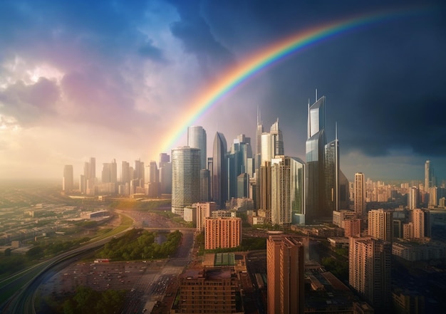 Araff-Regenbogen über einer Stadt mit einem Regenbogen am Himmel, generative KI