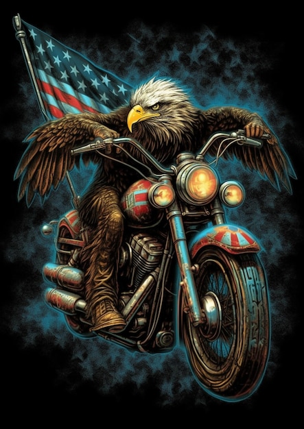 Araffe águia em uma motocicleta com bandeira americana na parte de trás generativa ai