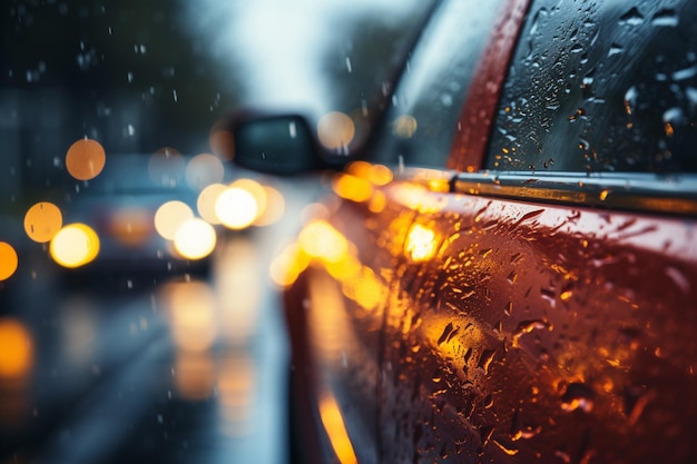 Araffe-Ansicht eines Autos mit Regen auf dem Fenster generative ai