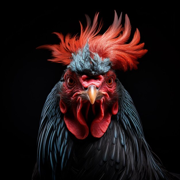 Foto araffe con cabeza roja y plumas negras sobre fondo negro ai generativo